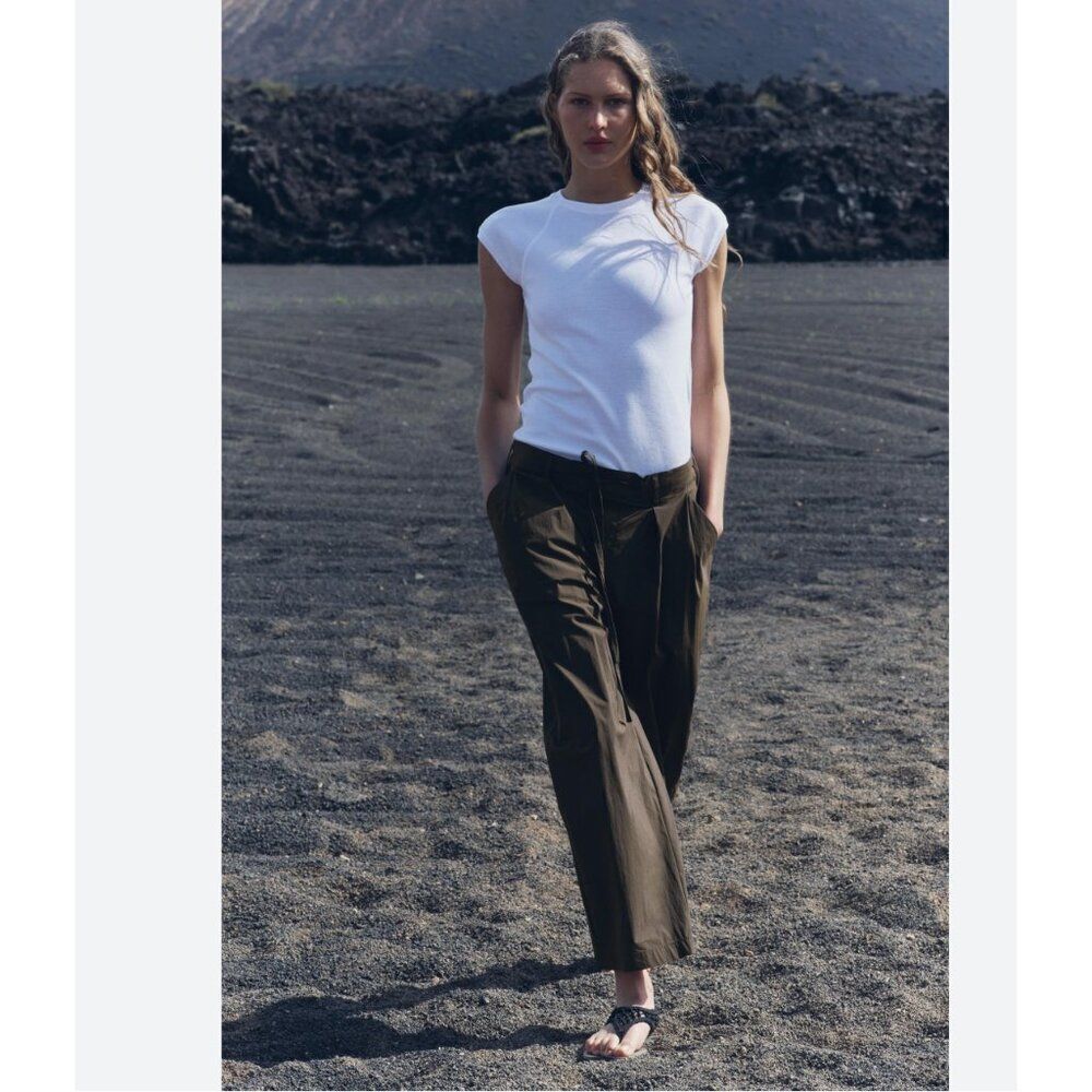Zara Womens Pants Trousers Drawstring XL brown Khaki wide leg 2646/345 NWT